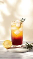 Fototapeta premium A tall, pastel orange and red gradient glass filled with ice cubes to the top