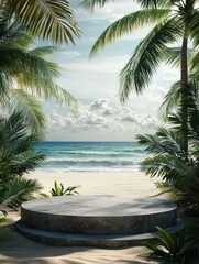 Fototapeta premium Stone podium on the beach with palm trees, sea surface, ai
