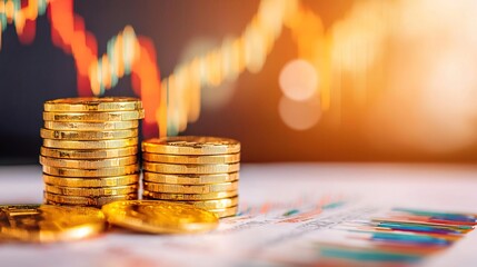 Detail shot of gold coins and bars with financial documents indicating the bullish and bearish outlooks.
