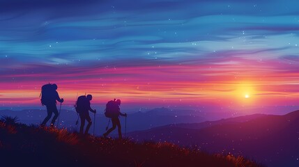 Three hikers silhouetted against a vibrant sunset over a mountainous landscape.