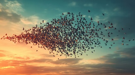 Crowd of birds flying on sky arrow shape , growth development progress success business team work concept , nature art abstract background