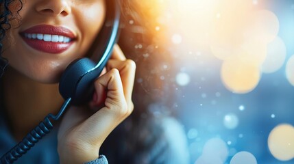 Smiling customer service representative wearing headset and talking on phone.
