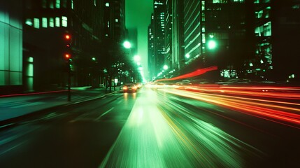 Naklejka premium night city street, green, red lights, motion blur