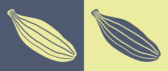 Cardamom. Two silhouettes of cardamom fruits isolated on black and pistachio backgrounds. Vector illustration of spice pods, for logo, icon, tattoo,  cardamom product packaging design.