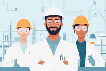 Diverse Hand-Drawn Engineers in Vibrant Innovation Lab Embracing Inclusivity | Vector Illustration of Technical Occupations