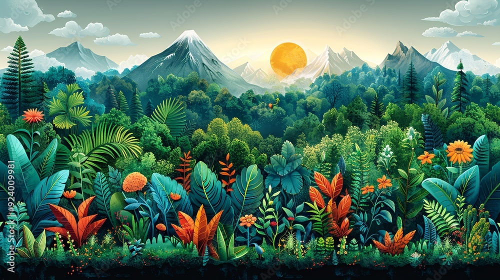 Poster Illustrate global change with a powerful image of a diverse ecosystem affected by rising CO2 levels, highlighting the importance of reducing emissions and protecting natural habitats. high resolution