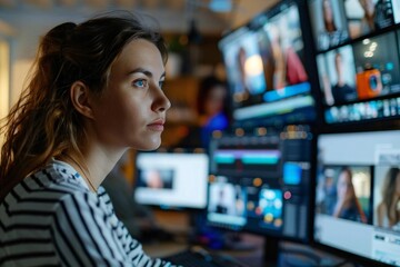 beautiful female editor works on multiple screens designing graphics and photos on her computer in the office. - Powered by Adobe