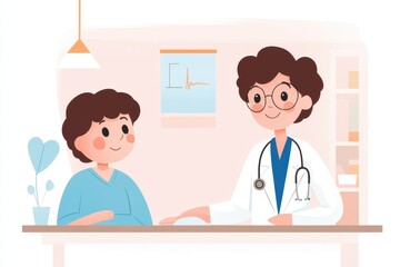 Fototapeta premium Vibrant Hand-Drawn Scene of Doctor Consulting Patient in Modern Clinic | Colorful Medical Occupation Illustration
