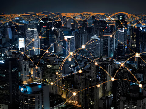 Metr&oacute;polis en expansi&oacute;n donde las luces de la ciudad con puntos interconectados
