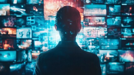 A woman surrounded by digital screens and holograms symbolizing the depth of knowledge in the age of AI.