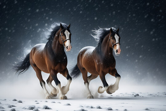 Majestic Clydesdales galloping through a fierce blizzard at night, their powerful legs kicking up snow against a dark, stormy backdrop