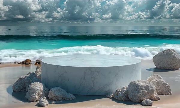 podium with copy space for product display presentation on beach with abstract background of blue sky and white clouds.