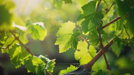 Fresh green leaves on ancient French grapevine Spring vineyards Close up with soft focus