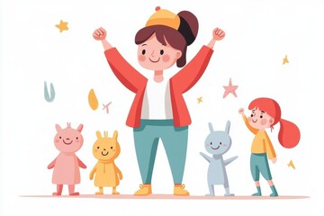 Energizing Fitness Instructor Leading Colorful Class in Hand-Drawn Vector Style