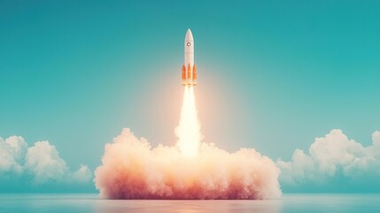 Wide shot, financial success visualized by a rocket launch representing expansion.