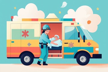 Cheerful Paramedic Assisting Patient in Vibrant Ambulance - Vector Illustration of Medical Aid in Energetic Style