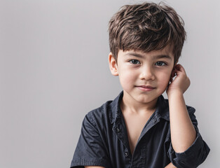 Young Boy With Brown Hair Posing Thoughtfully Against a Light Background