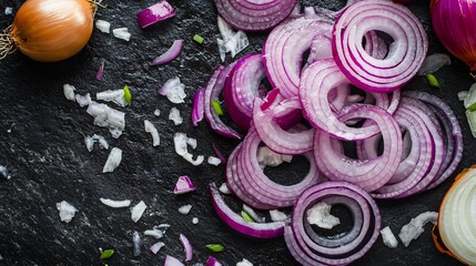 A colorful display of sliced red onions and rings, arranged on a dark charcoal concrete surface, with a few loose onion skins scattered around