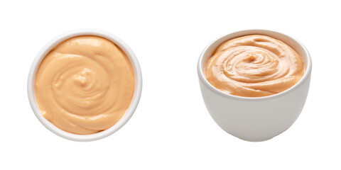 Salsa golf in a white bowl on white background. Top and front view. 