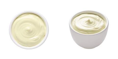 Mayonnaise in a white bowl on white background. Top and front view.