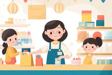 Vibrant Hand-drawn Vector of a Friendly Cashier Assisting Customers in a Colorful Retail Store