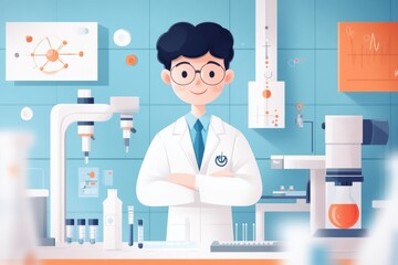 Bright and Cheerful Scientist in Colorful Research Facility - Hand-drawn Vector Illustration of Scientific Occupation<br>