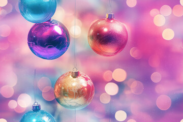 Bright, colorful Christmas ornaments with a bokeh background, creating a festive seamless pattern. The design captures the essence of holiday celebrations.