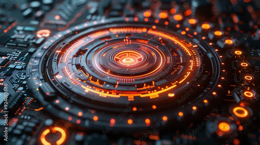 Wall mural futuristic digital interface with a central circular element with motherboard or electronic system b