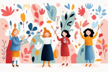 Fototapeta premium Unity in Diversity: Diverse Artists Creating a Vibrant Collaborative Mural in Hand-Drawn Vector Style