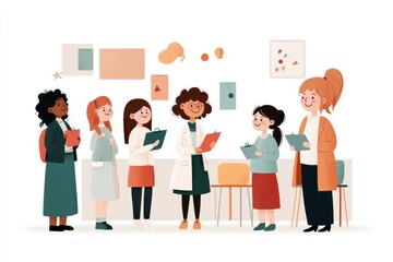 Creative Teachers at Work: Diverse Educators Leading a Vibrant Classroom Activity - Hand-Drawn Illustration of Educational Occupation in Vector Art Style