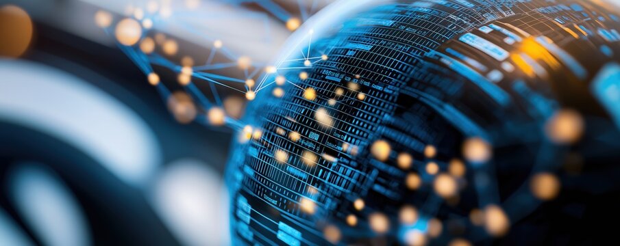 A 3D search engine globe with interconnected data points, each point highlighting a search query, symbolizing global search capability