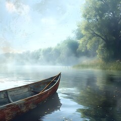 Serene River Voyage with Tranquil Flowing Waters and Wooden Rowboat Drifting in Impressionistic Landscape
