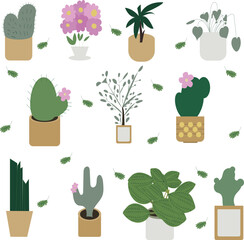 Collection of hand drawn clipart house plants in flat style. 
Vector illustration for icon, logo, print, icon, card, emblem, label.