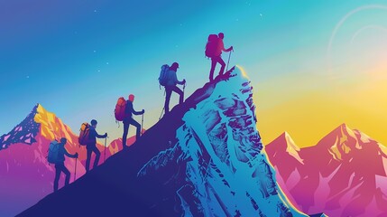Fototapeta premium Silhouettes of hikers ascending a mountain peak under a vibrant sky.