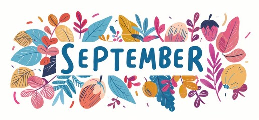 written in large letters, the word "SEPTEMBER" autumn season with leaves and fruits flat background Generative AI