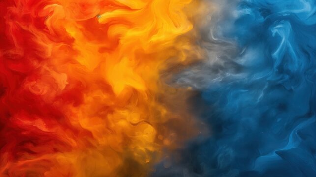Vibrant colors blend and swirl together, creating a stunning abstract design that transitions from fiery orange and yellow to cool blue hues