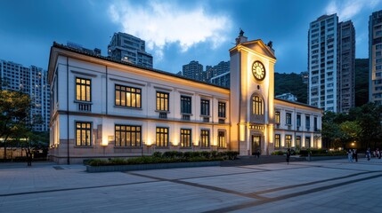 Fototapeta premium The warm glow of Chongqing Town Hall and an ancient clock tower illuminates the night as pedestrians stroll nearby under a dramatic sky