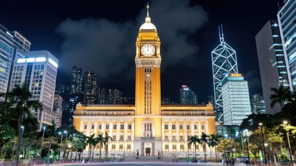 The warm glow of Chongqing Town Hall and an ancient clock tower illuminates the night as pedestrians stroll nearby under a dramatic sky