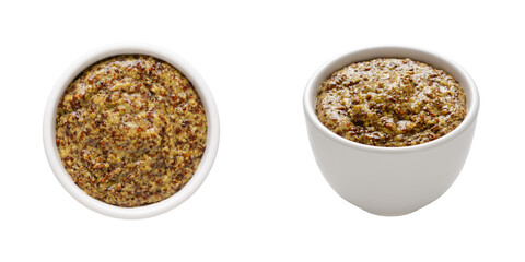 Mustard in a white bowl on transparent background. Top and front view. 