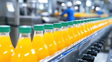 Fototapeta premium Bottles of orange juice move along the conveyor belt in a factory, with workers in the background overseeing the production process