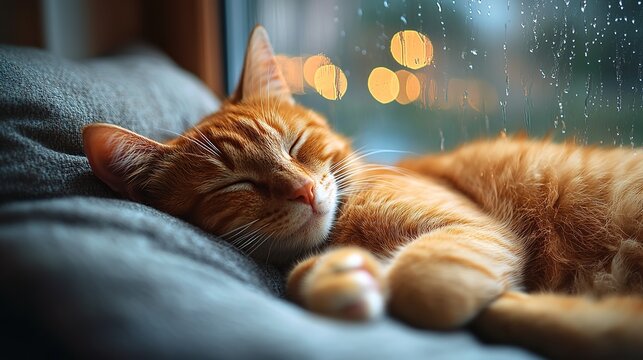 Domestic ginger cat sleeping near the window with raindrops. Close-up portrait.
