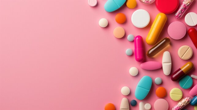 Colorful pills and capsules spread across a pink surface, showcasing a diverse collection of medications and supplements in a visually appealing layout