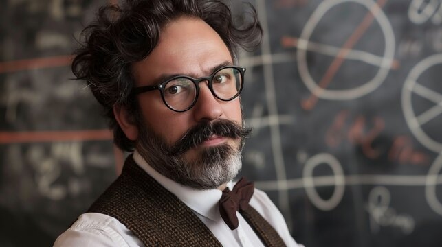 A professor poses confidently in a classroom, wearing glasses and a bow tie, with a chalkboard filled with complex mathematical equations in the background