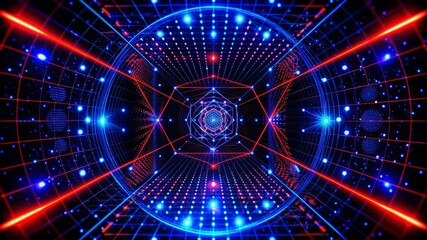 A futuristic tunnel composed of red and blue neon lights, geometric shapes, and a glowing grid. It symbolizes technology, innovation, and the digital world.