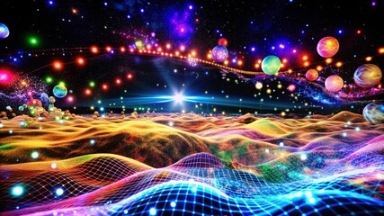 Fototapeta premium A vibrant and abstract image showcasing a colorful galaxy landscape with glowing lights, stars, and a futuristic grid pattern. It symbolizes imagination, creativity, space exploration, and the interco