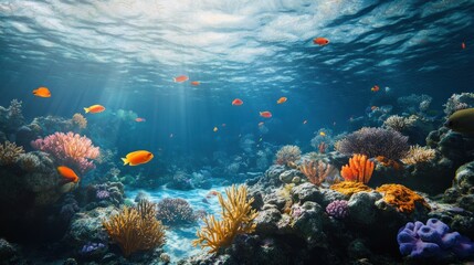 Naklejka premium Sunlight Illuminating Coral Reef and Fish in Blue Ocean