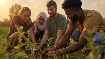 People of different faiths working together on community service project, expressions of collaboration and mutual respect, promoting interfaith unity and service, outdoor setting, diverse participants