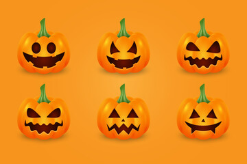 Set of 3d pumpkin on orange background. Orange pumpkin with differnt face for the holiday Halloween. 3d vector illustration.