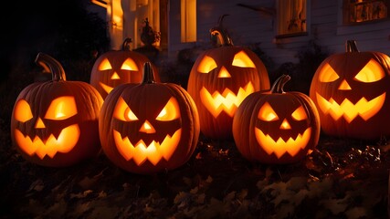 group of carved pumpkins at dusk with their internal candles lit. orange and warm yellow lighting to highlight the carvings.
