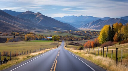 Fototapeta premium Scenic drive through winding mountain roads, car driving along with breathtaking views of valleys and peaks, sense of adventure and exploration, autumn colors